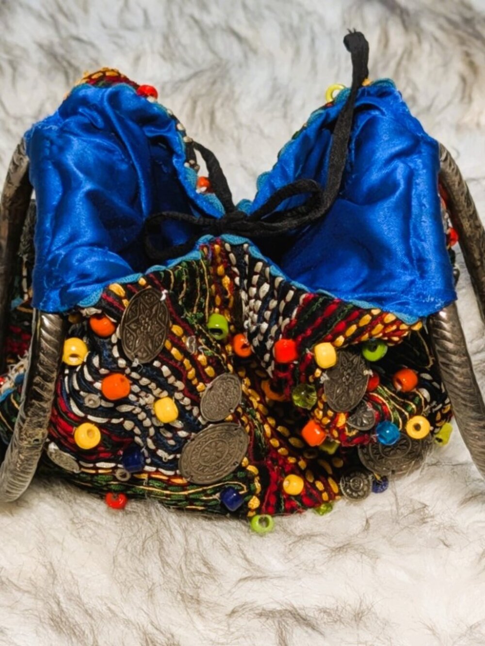 Chico's Multicolor Embroidered Coin & Bead Boho Bag Blue Lining Hippiechic